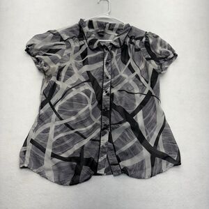 Dots Women’s XL Black Gray Abstract Button Front Sheer Blouse Short Sleeve